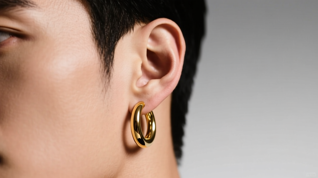 Close-up of a man wearing a 14k gold hoop in his left ear lobe, soft studio lighting, sharp focus on the ear, modern style.