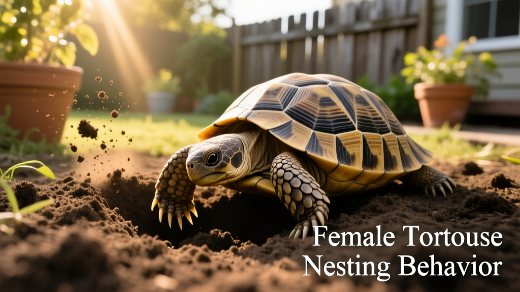 Female tortoise carefully digging a nest in soft, moist soil, demonstrating natural nesting behavior