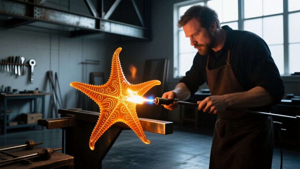 Artisan lampworker using a torch to shape a glowing orange glass starfish on a steel mandrel in a dimly lit studio workshop