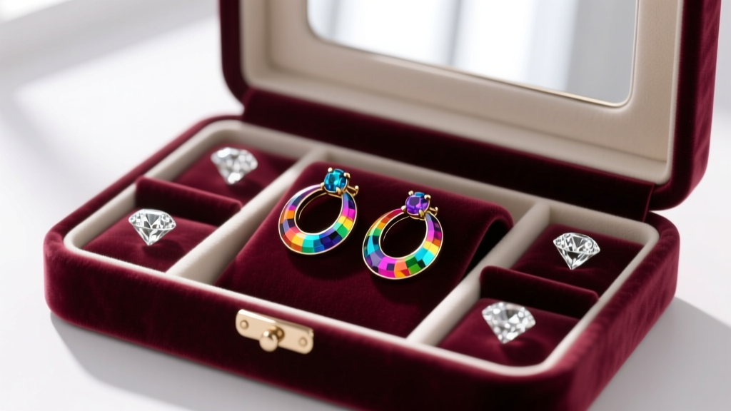 Velvet jewelry box with padded compartments, showing rainbow sapphire hoop earrings safely stored away from harder diamond pieces.