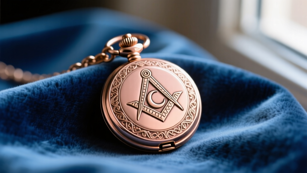 Vintage 10k rose gold Masonic pocket watch fob featuring a shriner crescent and scimitar, displayed on faded blue velvet fabric.