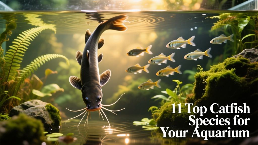 Upside-down catfish swimming inverted near the surface alongside peaceful tetras in a lush, planted aquarium