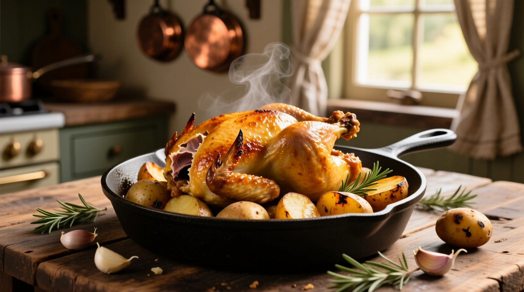 Golden roasted chicken and potatoes on cast iron skillet
