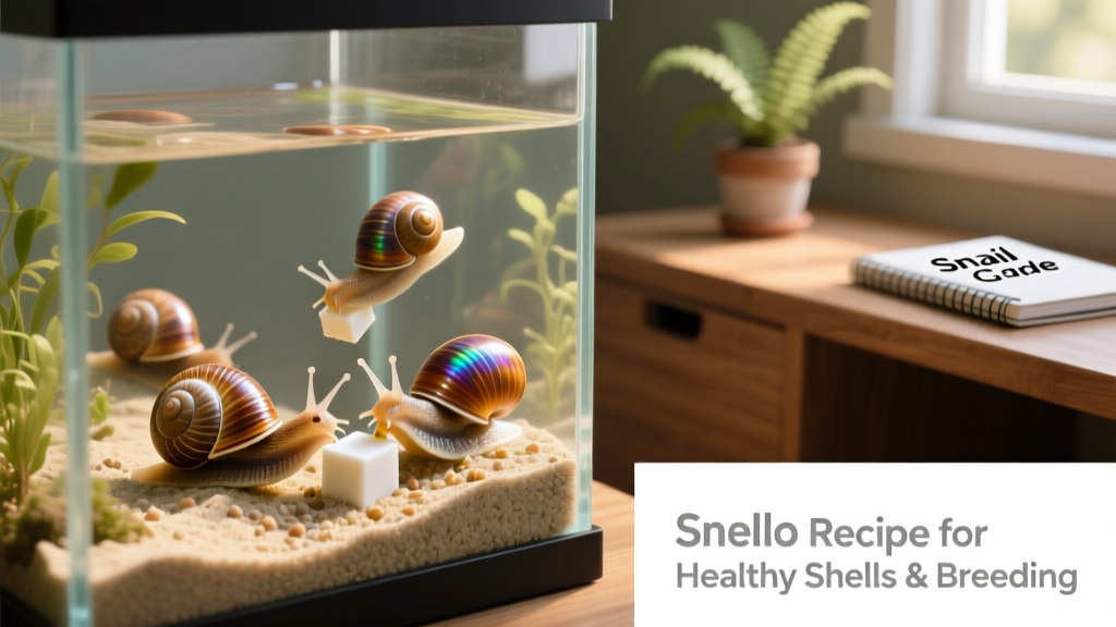 A clear aquarium showing snails actively consuming Snello cubes on the substrate, with visible healthy shell growth and glossy texture