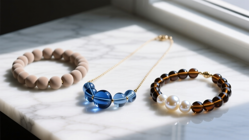 Flat lay of three baseball necklace bead strands: matte acrylic, polished glass, and lustrous AAA freshwater pearls on marble.