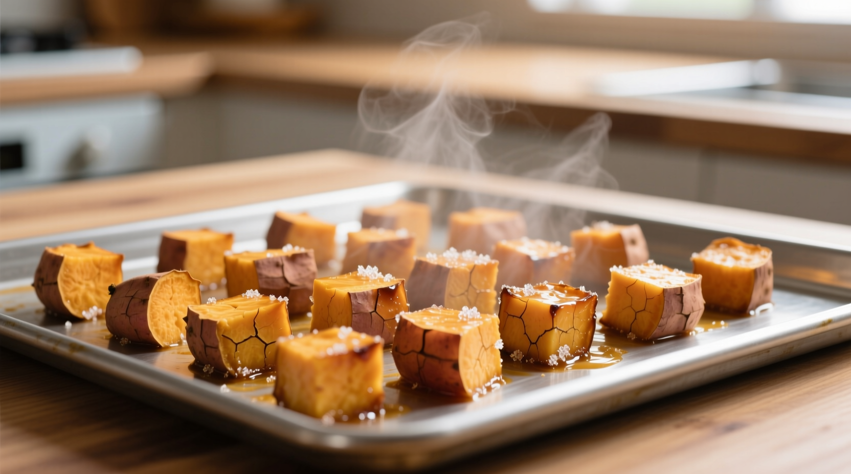 Cooked sweet potato cubes cooling on baking sheet
