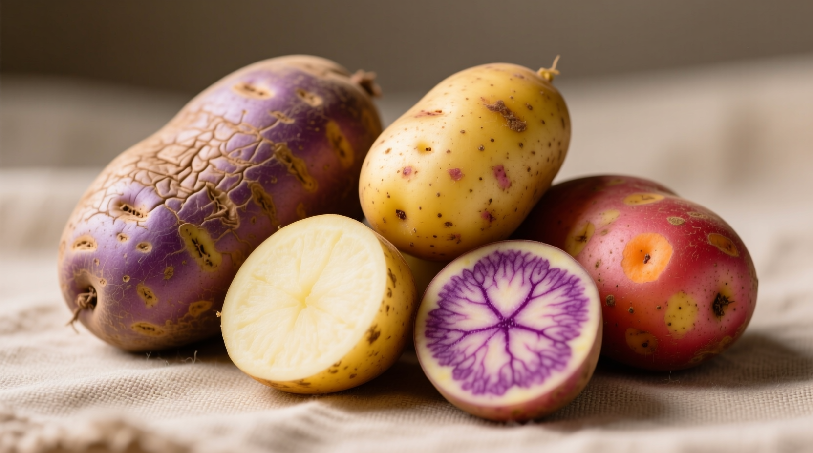 Close-up of different potato varieties showing skin and flesh variations
