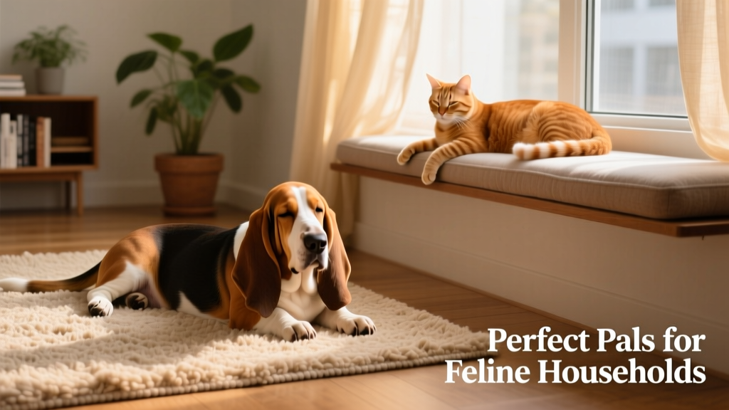 A relaxed Basset Hound lying on a rug while a ginger cat lounges nearby, both appearing comfortable and unbothered