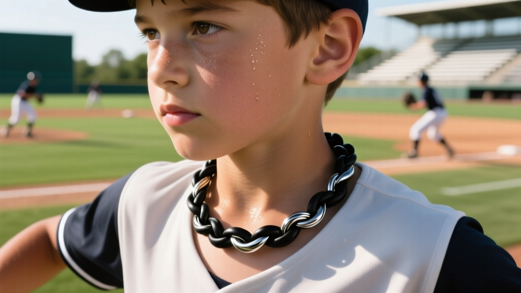 Close-up of a youth baseball player wearing a braided black silicone and titanium pendant necklace on the field
