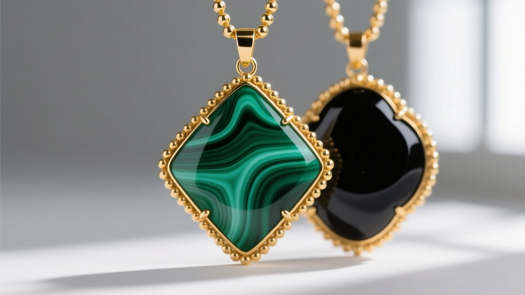 Macro shot comparing green malachite and black onyx Vintage Alhambra pendants, highlighting the delicate 18k gold beaded edges.