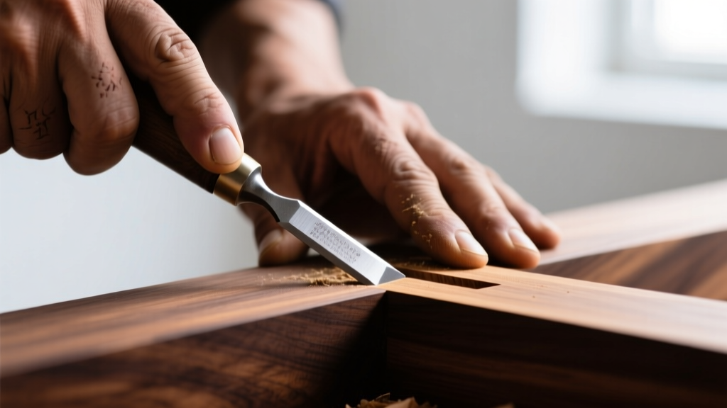 Close-up of hands using a chisel to carve a shallow mortise into dark walnut wood for a brass jewelry box hinge installation.