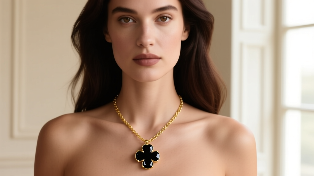 Woman wearing a 14k gold chain with a black onyx clover pendant, showing the chain resting gently against her bare collarbone.