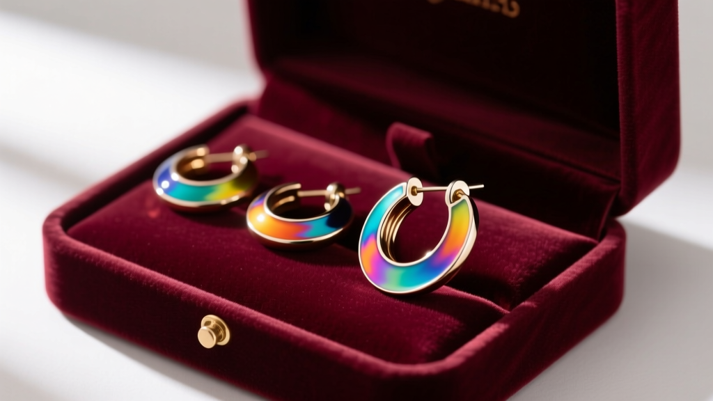 Vibrant colorful hoop earrings in vitreous enamel, anodized titanium, and bright resin resting on an open velvet gift box.