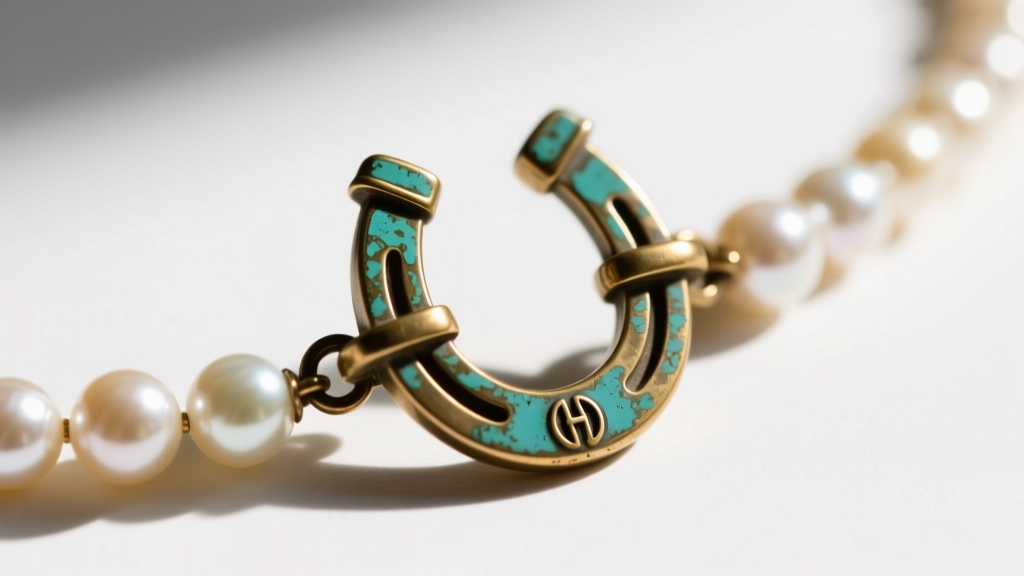 Macro photography of a vintage Miriam Haskell pearl necklace clasp showing the oval horseshoe hallmark and aged brass patina.