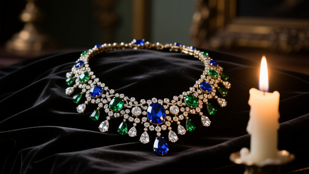Moody still-life of an 18th-century diamond festoon necklace resting on dark velvet, illuminated by warm candlelight.