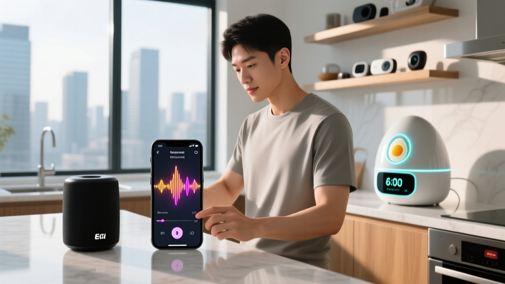 Tech enthusiast using a smartphone app to adjust Bluetooth speaker EQ settings while a digital smart egg cooker displays a 6-minute soft boil timer
