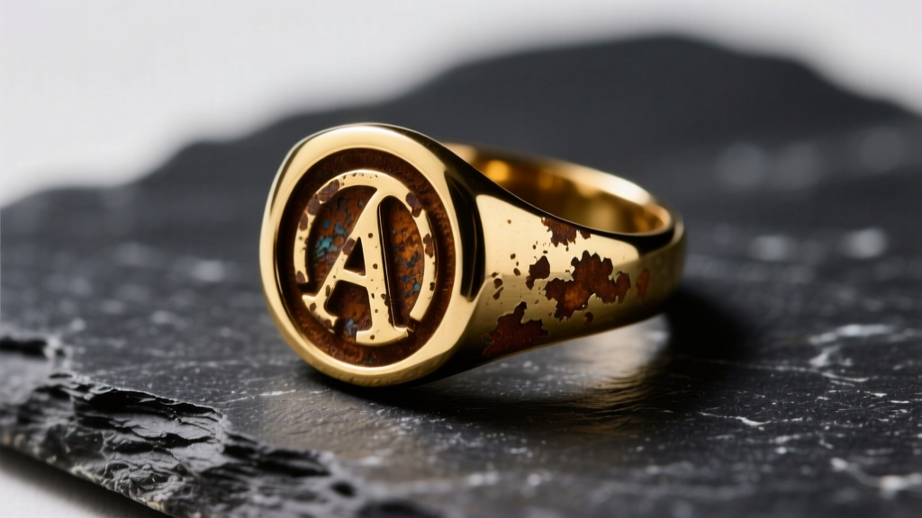 Macro shot of an oxidized yellow brass signet ring on dark slate, showing brown tarnish contrasting with bright polished edges.