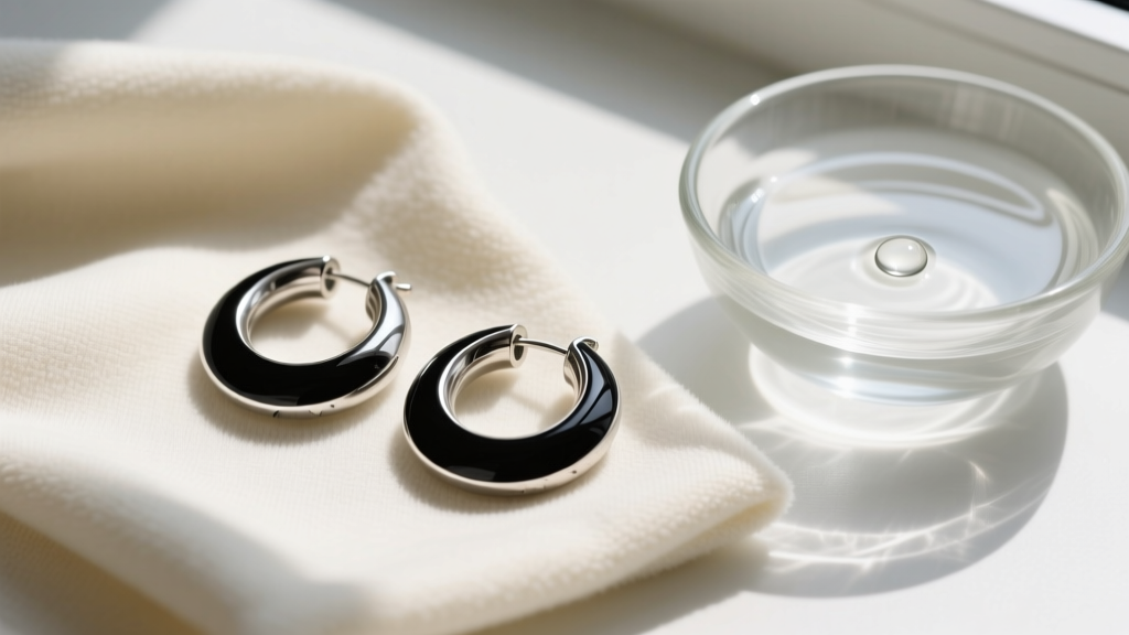 Overhead view of black enamel and oxidized silver hoop earrings resting on a microfiber cloth next to a bowl of mild soapy water.