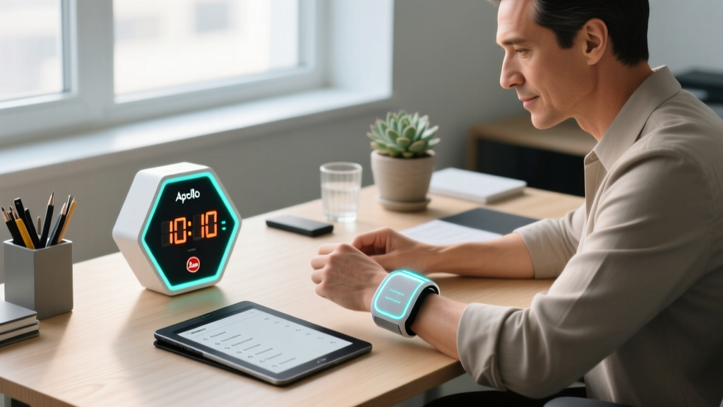Adult professional wearing Apollo Neuro haptic wearable on wrist while organizing a desk with a visual hexagonal timer and e-ink tablet