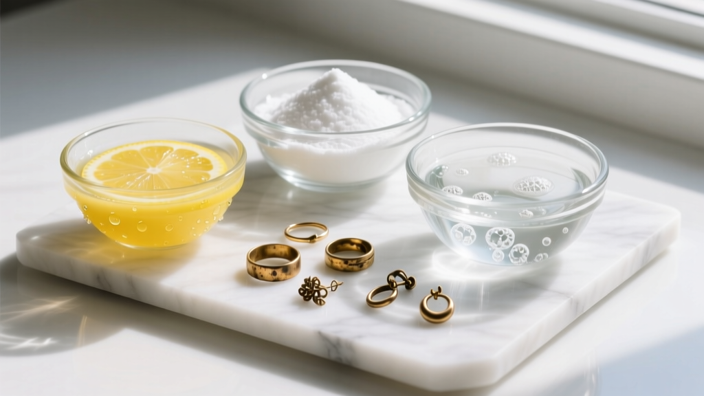 Glass bowls with lemon juice, baking soda, and soapy water beside tarnished brass DIY jewelry findings on a marble cutting mat.