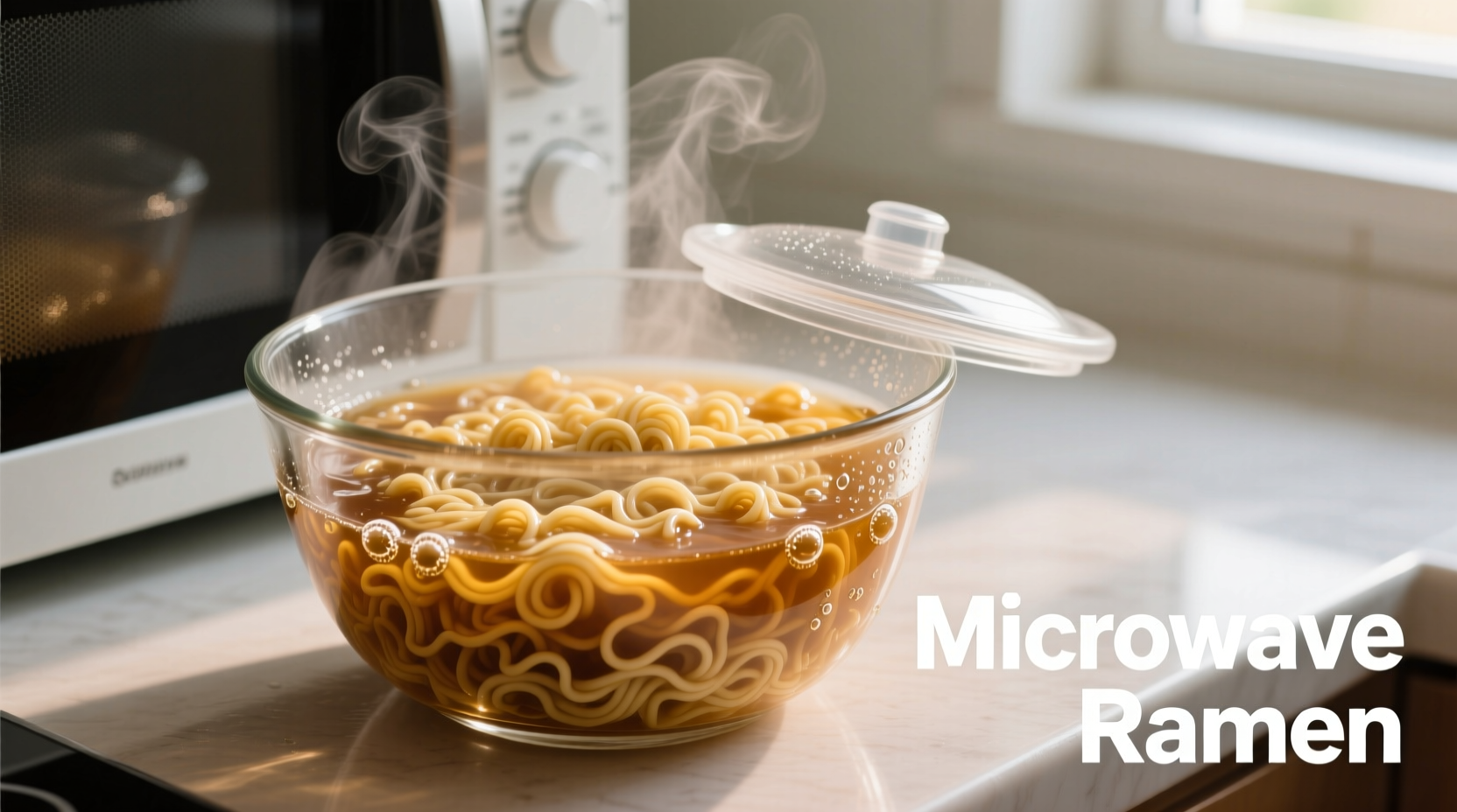 Mikrowellen-Ramen Zubereitungsschritte in Glas Schüssel