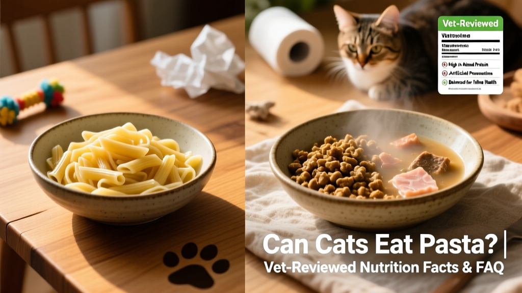 Side-by-side comparison: plain boiled pasta vs. a complete, balanced cat food meal