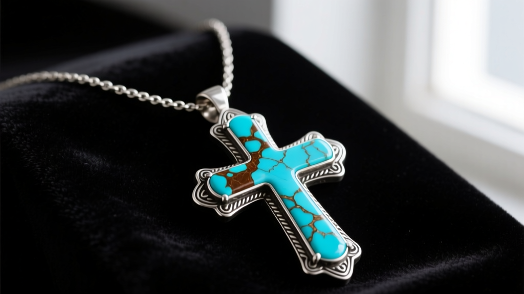 Close-up of a real turquoise cross necklace with brown matrix, set in oxidized sterling silver resting on dark velvet fabric.