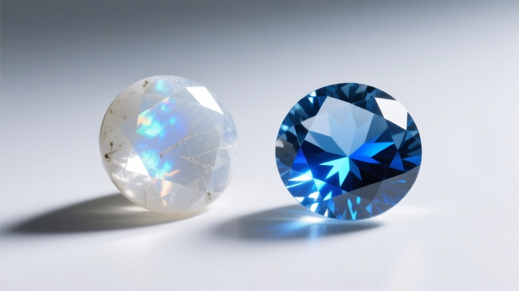 Two cabochon moonstones side-by-side under LED lighting, comparing a weak white flash stone against a strong blue flash stone