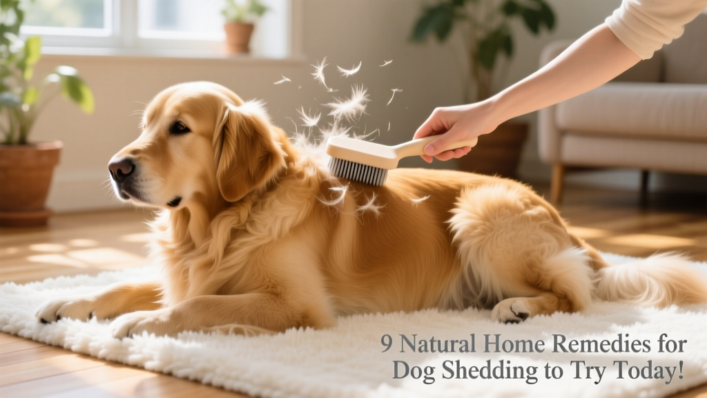 A golden retriever lying comfortably on a clean rug, gently being brushed with a soft slicker brush