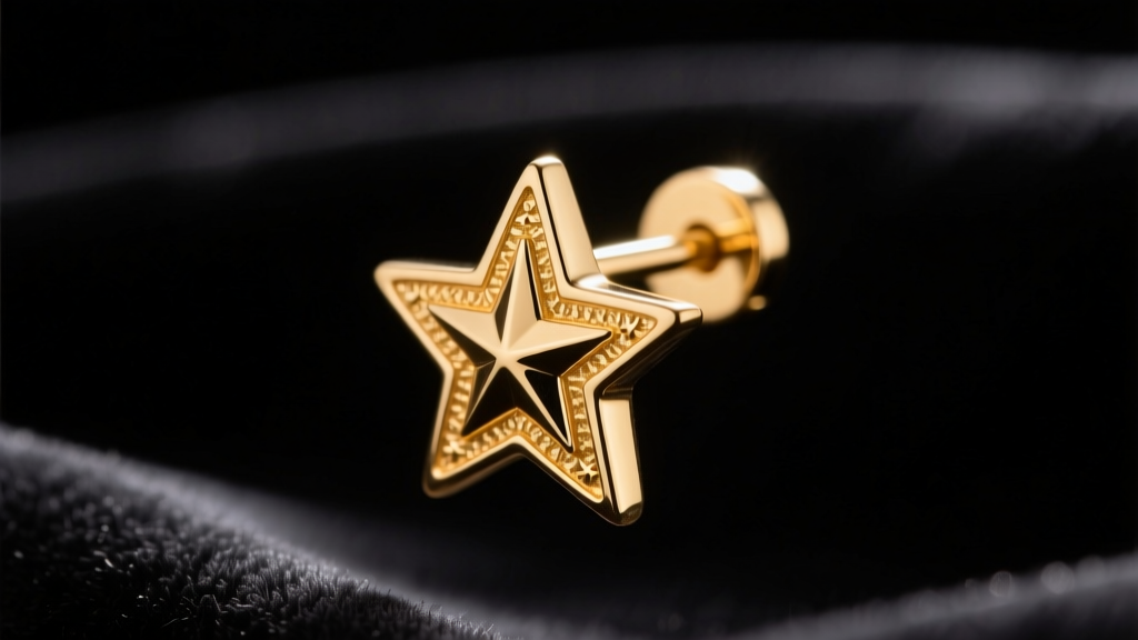 Macro shot of a 14k gold threadless earring star end on dark velvet, soft studio lighting, high-end jewelry gift photography