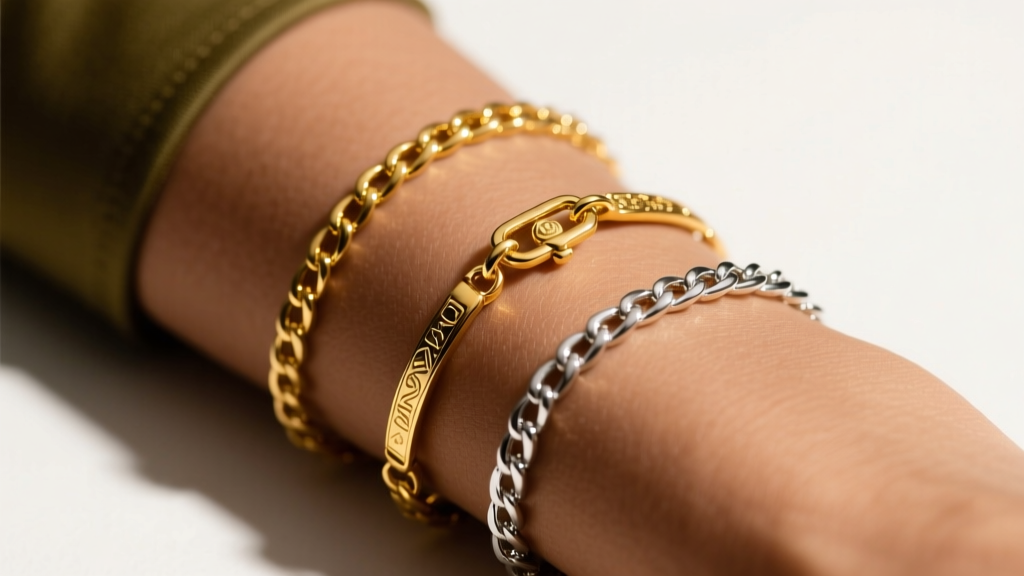 Macro shot of 14k yellow gold and sterling silver chains on warm olive skin under soft, directional studio lighting.