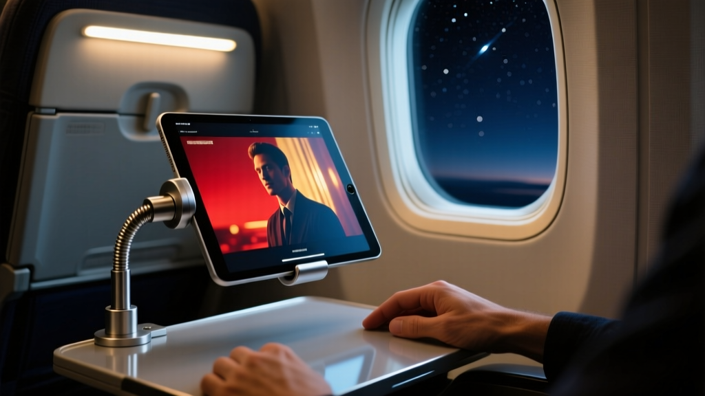 Tablet mounted to an airplane tray table using an aluminum gooseneck arm clamp displaying a movie during a dimly lit long-haul night flight