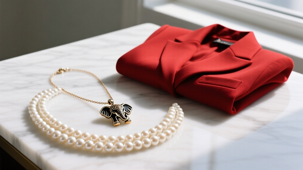 Flat lay styling of a Delta Sigma Theta elephant pendant necklace layered with pearls next to a folded crimson blazer on marble.