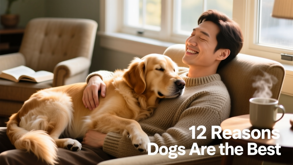 A dog lies on a person's stomach, both relaxed and smiling
