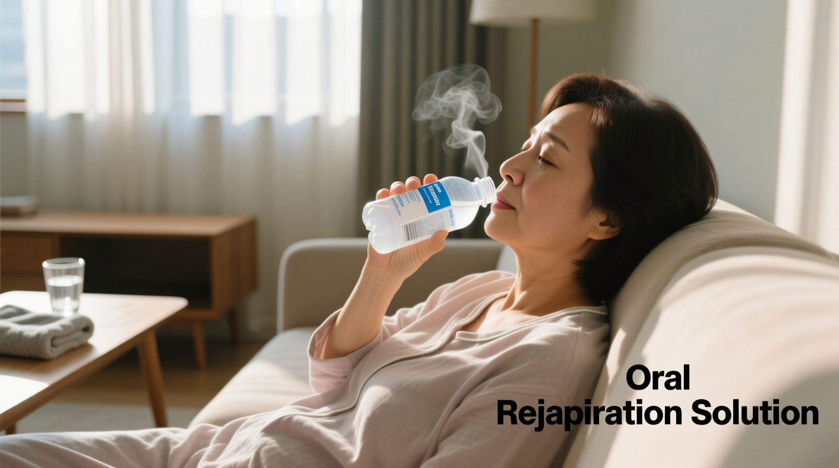 Person drinking oral rehydration solution while resting