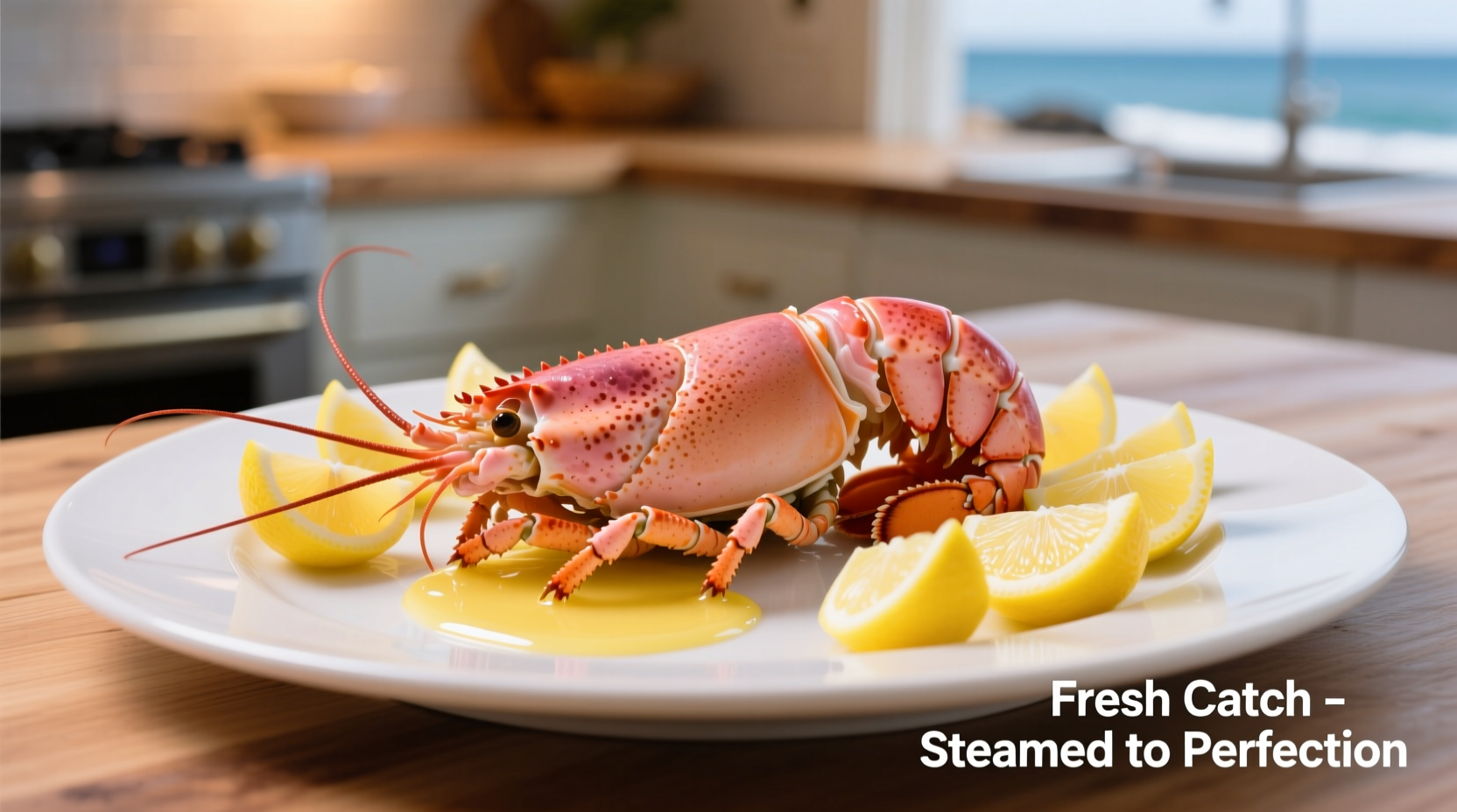 Steamed lobster tail with lemon wedges