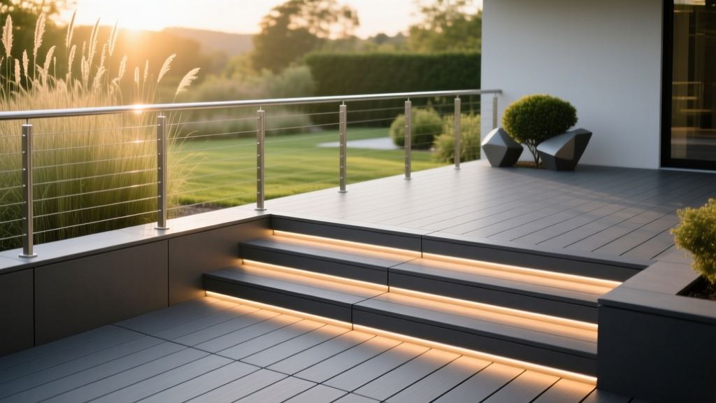 Modern patio with interlocking aluminum decking material in matte charcoal, stainless steel cable railings, and integrated LED step lighting.