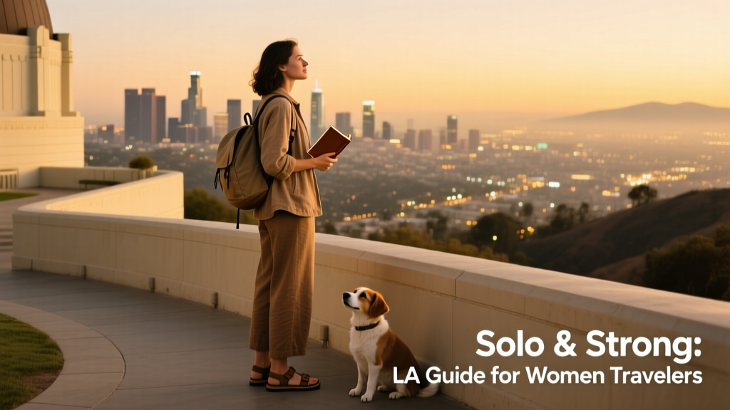 A solo female traveler gazing out from Griffith Observatory over Los Angeles skyline at golden hour