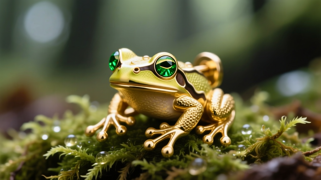 Macro shot of a 14k yellow gold 3D tree frog earring on moss, showing intricate toe textures, emerald eyes, and polished finish.