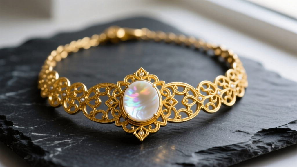Macro photo of an 18k yellow gold cleef necklace vintage Alhambra motif with white mother of pearl, resting on dark slate.