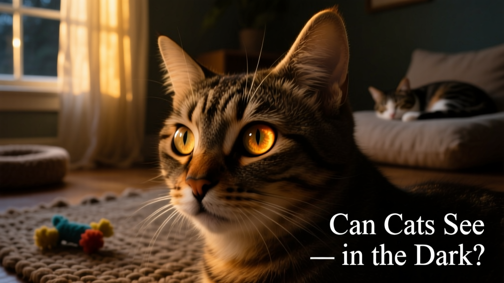 Close-up of a cat's glowing eyes in dim light, highlighting the reflective tapetum lucidum