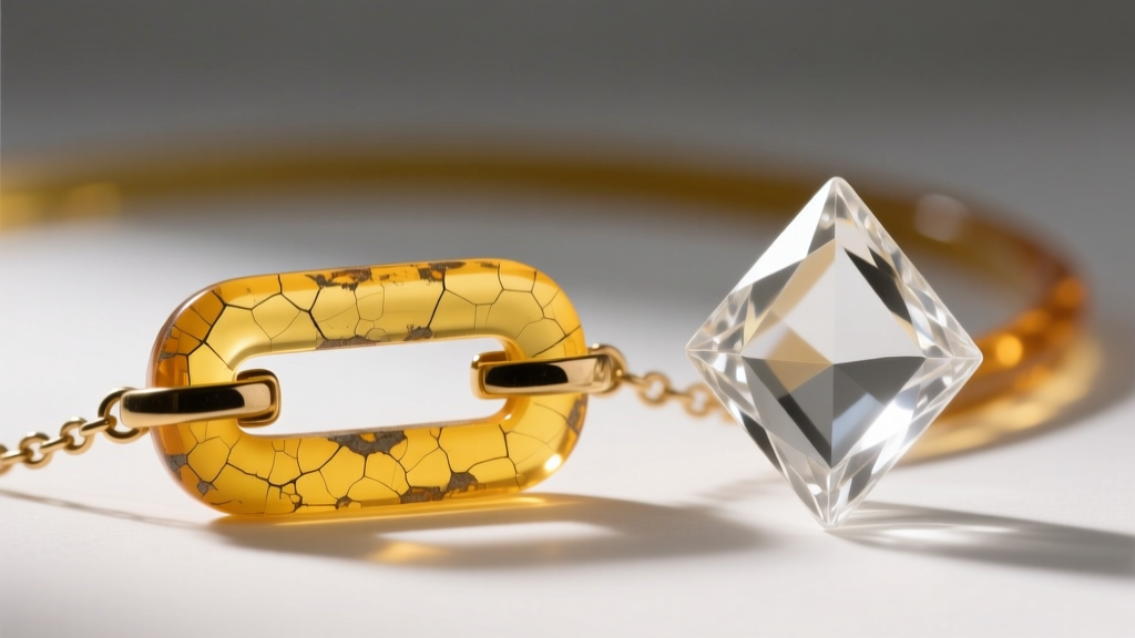 Macro shot of yellowed vintage acrylic necklace hardware showing micro-crazing beside a pristine clear Lucite geometric charm