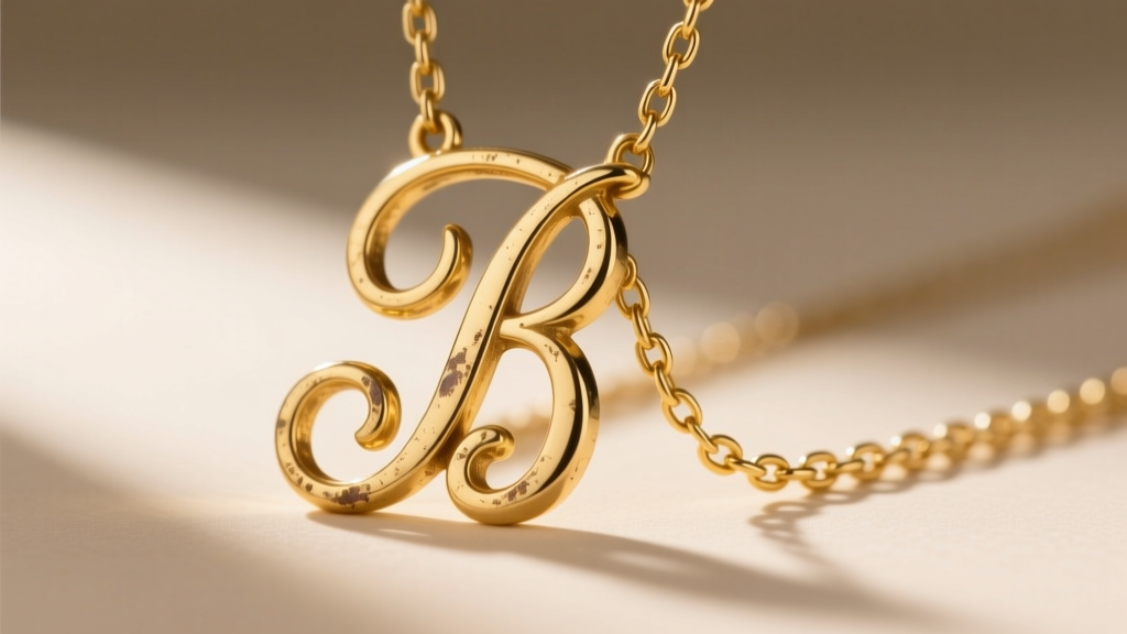 Close-up of a worn gold vermeil script initial necklace showing faded plating on cursive loops beside a solid gold chain.