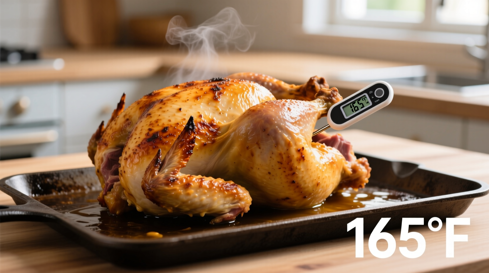 Perfectly roasted 5 lb chicken on baking sheet with thermometer