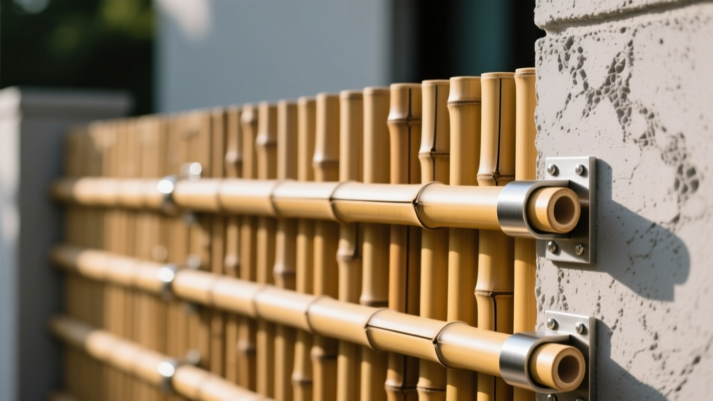 Close-up of a modern horizontal bamboo fence with 4-inch thick Guadua poles secured by stainless steel brackets against a stucco wall