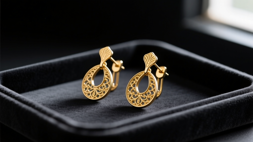 Vintage gold-plated paddle-back clip-on earrings resting on a dark jeweler's bench block next to brass calipers and a loupe