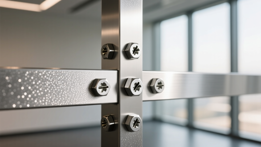 Close-up of silver galvanized steel stud framing intersecting at a right angle, revealing zinc spangle patterns and self-drilling screws in a commercial interior