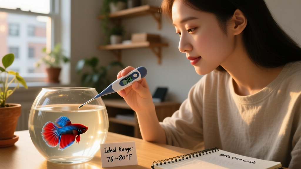 A person gently checking the water temperature of a betta tank using a digital thermometer