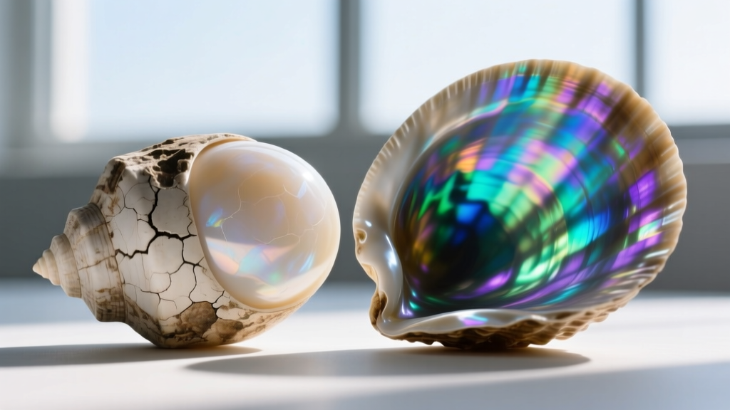 Close-up comparing a chalky, acid-etched abalone cabochon on the left with a highly polished, brilliant iridescent healthy shell