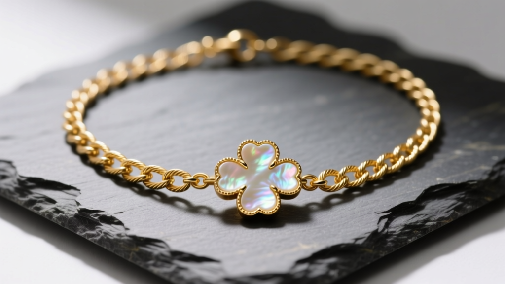 Close-up of gold clover chain necklace on slate, showing mother-of-pearl inlay and delicate cable chain under soft studio lighting.